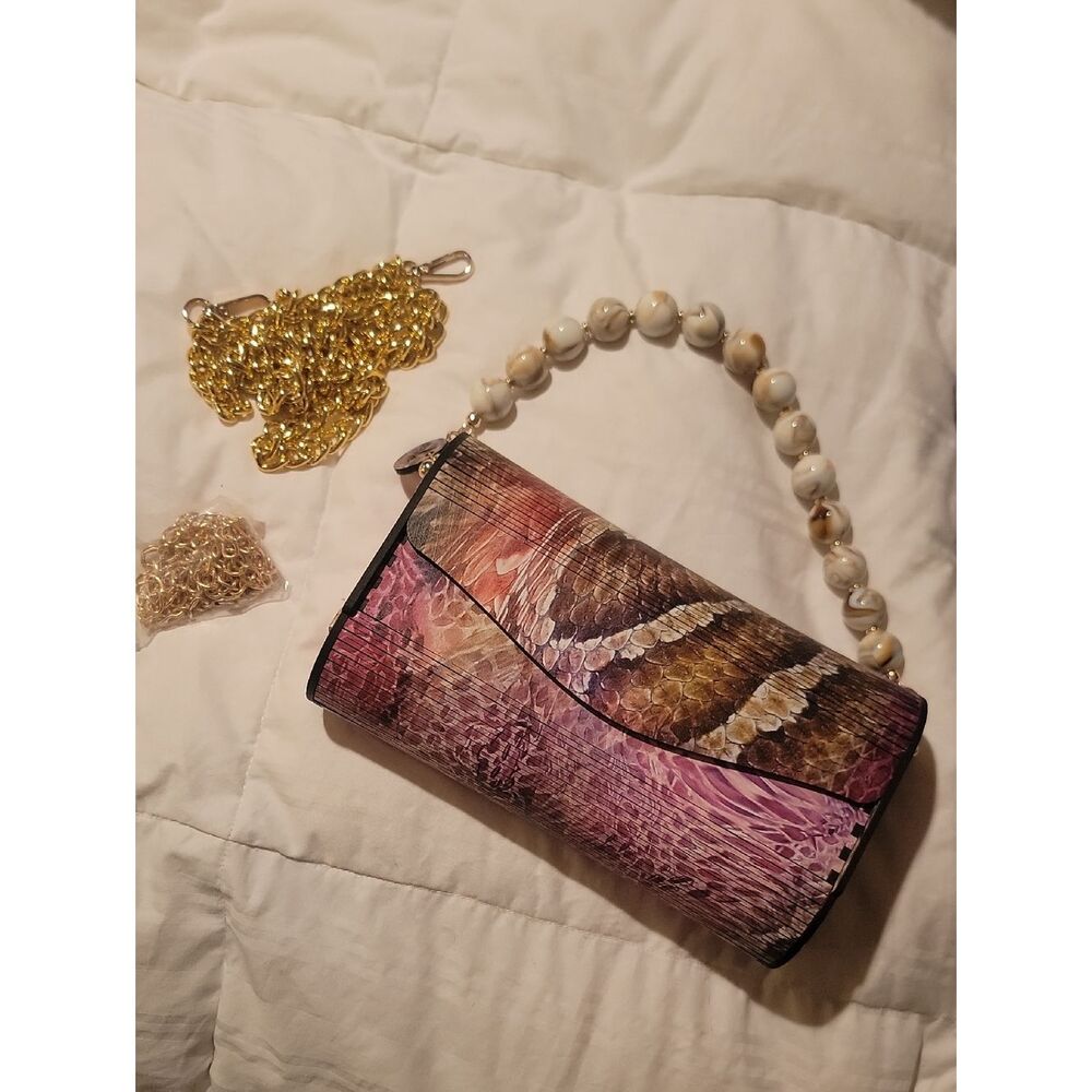 Women's Multicolor Snakeskin-Print Shoulder Bag with Beaded Handle Laser Made